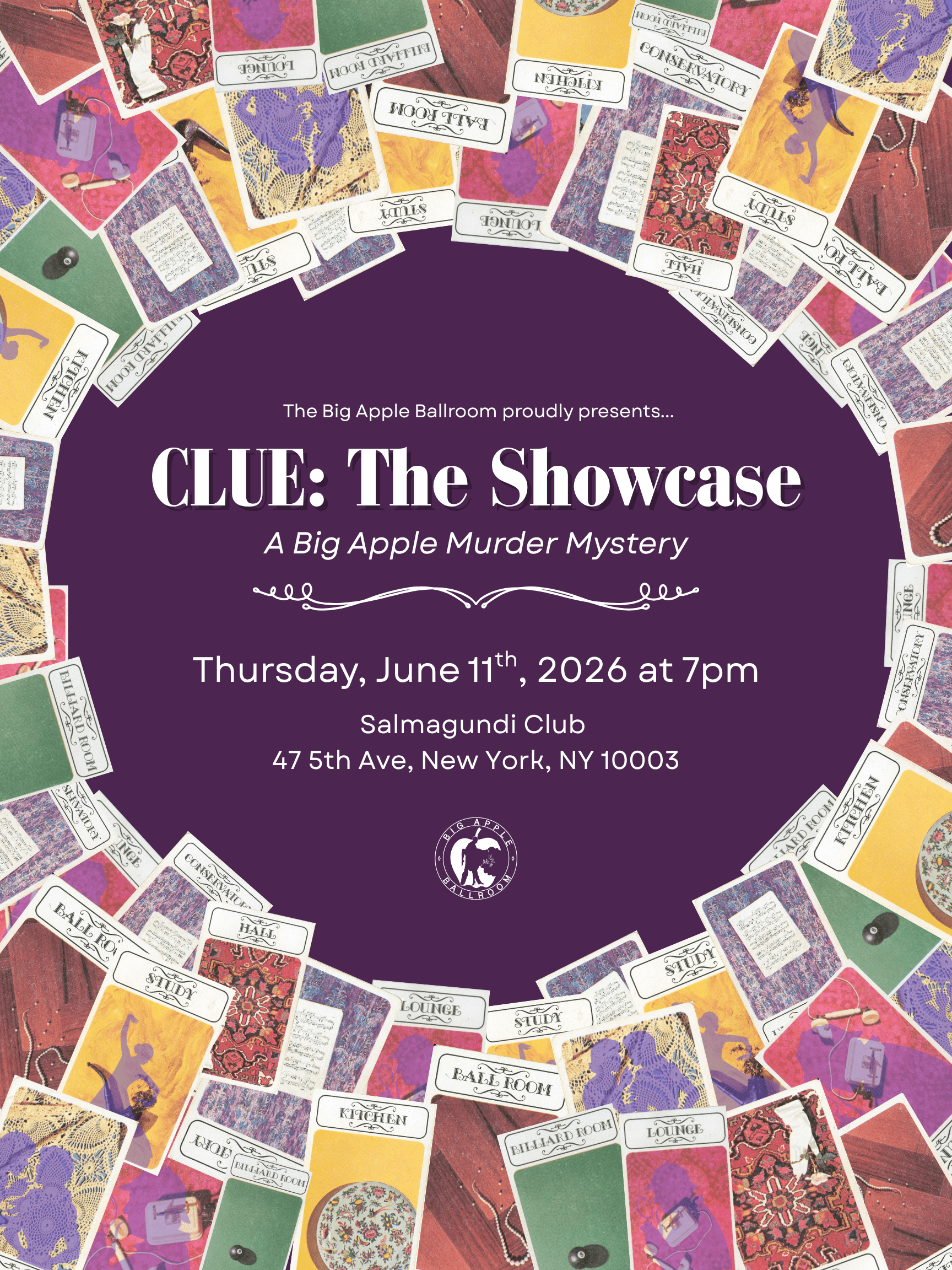 CLUE: The Showcase poster — Clue-style room cards for the Ballroom, Study, Kitchen, Conservatory, Lounge and Billiard Room scattered around a deep purple oval carrying the title, date and Salmagundi Club address.