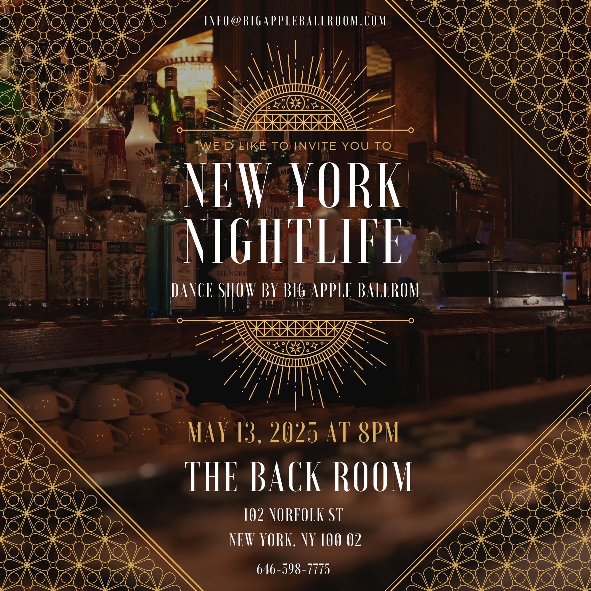 New York Nightlife poster: art-deco gold framing over a photograph of the Back Room bar, with the date and address.